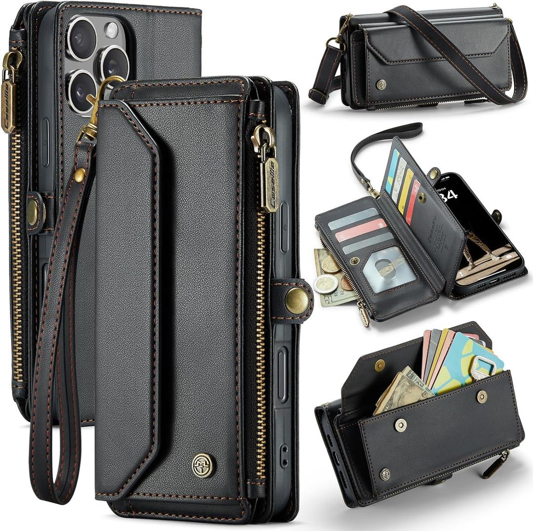 for iPhone 16 Pro Max Case, Women Men Multi-Function Wallet Case with Stand RFID Blocking Featuring Magnetic Closure Zipper Includes Shoulder Strap Wrist Strap (Black)