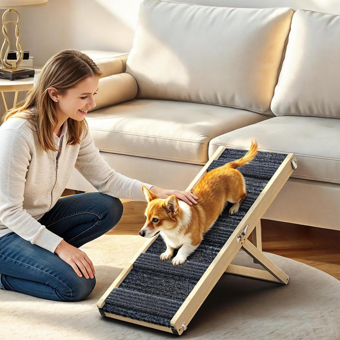 Pawaboo Foldable Dog Ramp, Small Dog Ramp for Couch, 4 Adjustable Height from 13'' to 21", Stable Pet Steps with Non-Slip Pad, Portable Pet Ramps Use for Couch Sofa Stairs, Wood