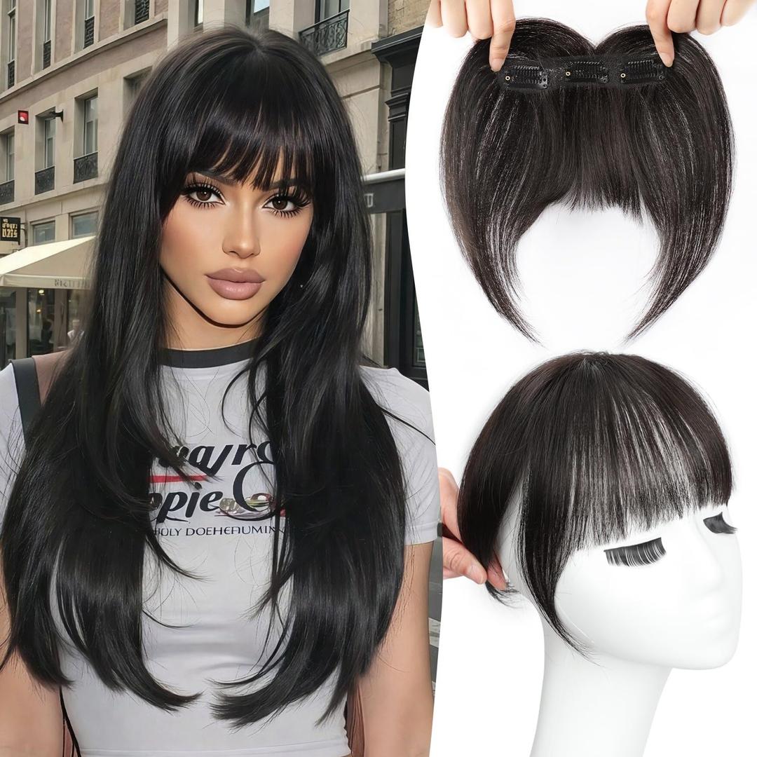 Bangs Hair Clip in Bangs, 100% Real Human Hair Clip in Fringe, 3 Secure Clips in Full Fringe French Bangs Natural Thick Volume Fake Bangs for Women Girls Daily Wear Natural Black