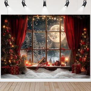 Avezano 8x6 ft Christmas Photo Backdrop Window Full Moon Night Background Red Curtain Christmas Eve Holiday Portrait Backdrop Photo Studio Props
