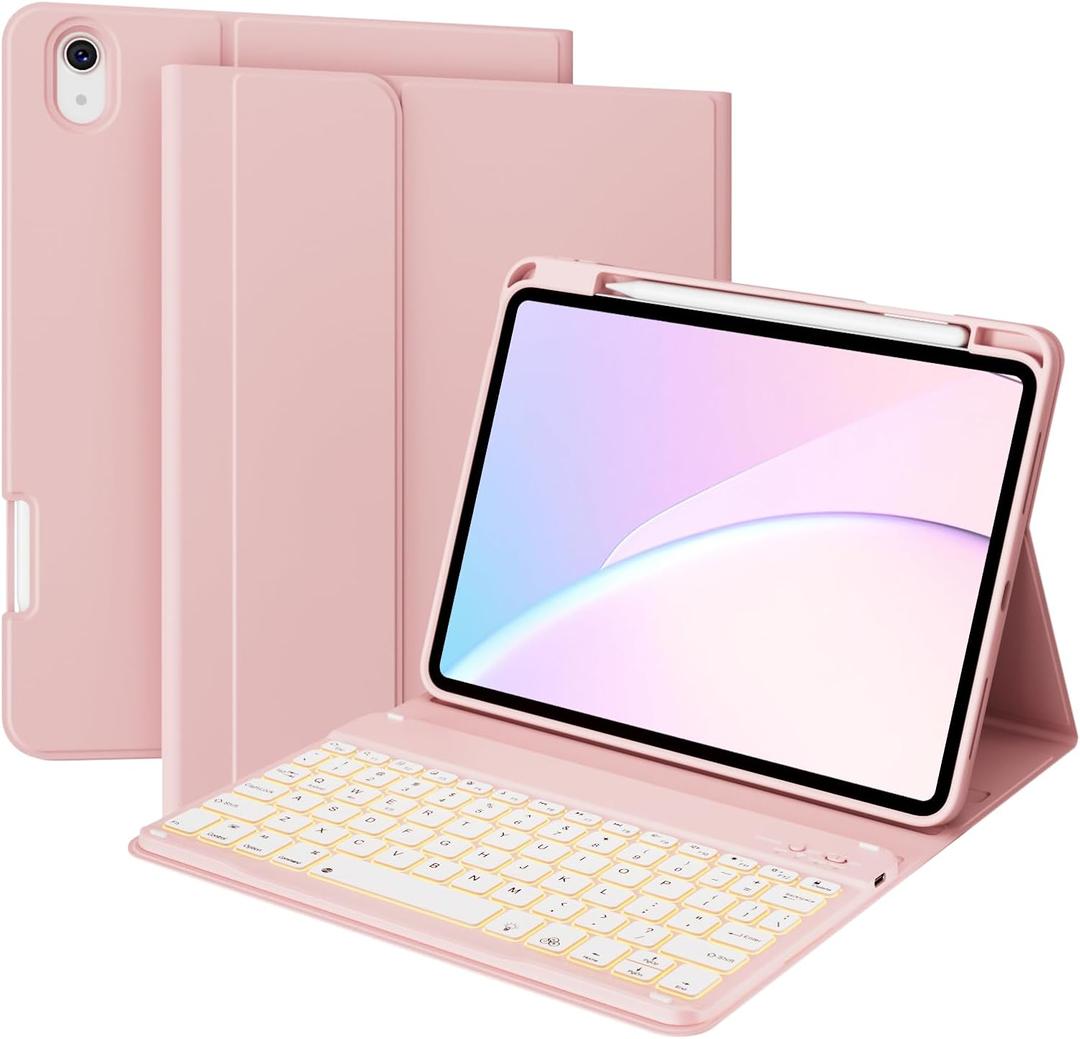 kenke Keyboard Case for iPad Air 11-inch (M4 2026/M3 2025/M2 2024) & Air 5th/4th Gen 10.9 inch, 7 Colors Backlit Detachable, Slim Folio Bluetooth Keyboard Cover with Pencil Holder, Pink