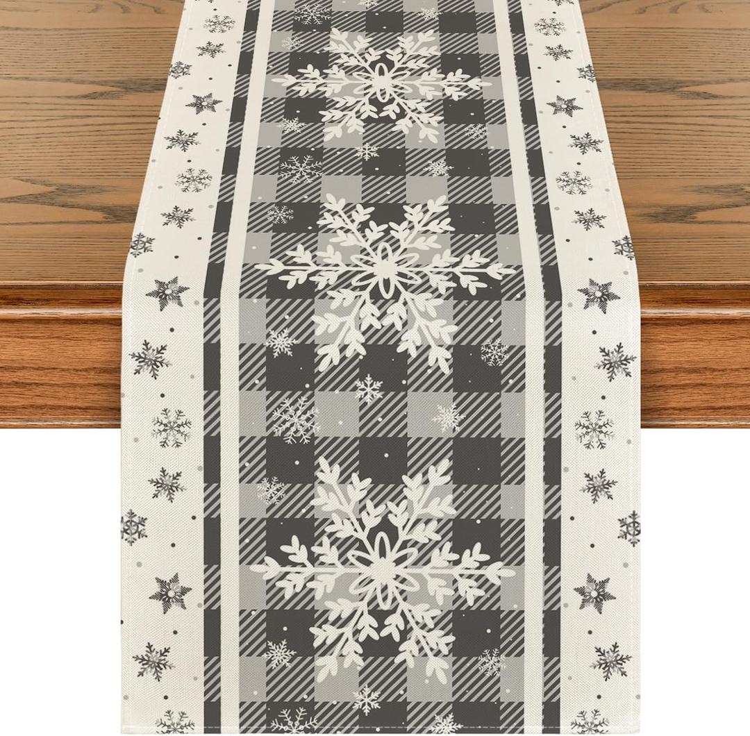 Artoid Mode Grey Buffalo Plaid Snowflakes Christmas Table Runner, Seasonal Winter Kitchen Dining Table Decoration for Home Party Decor 13x108 Inch (Silver)