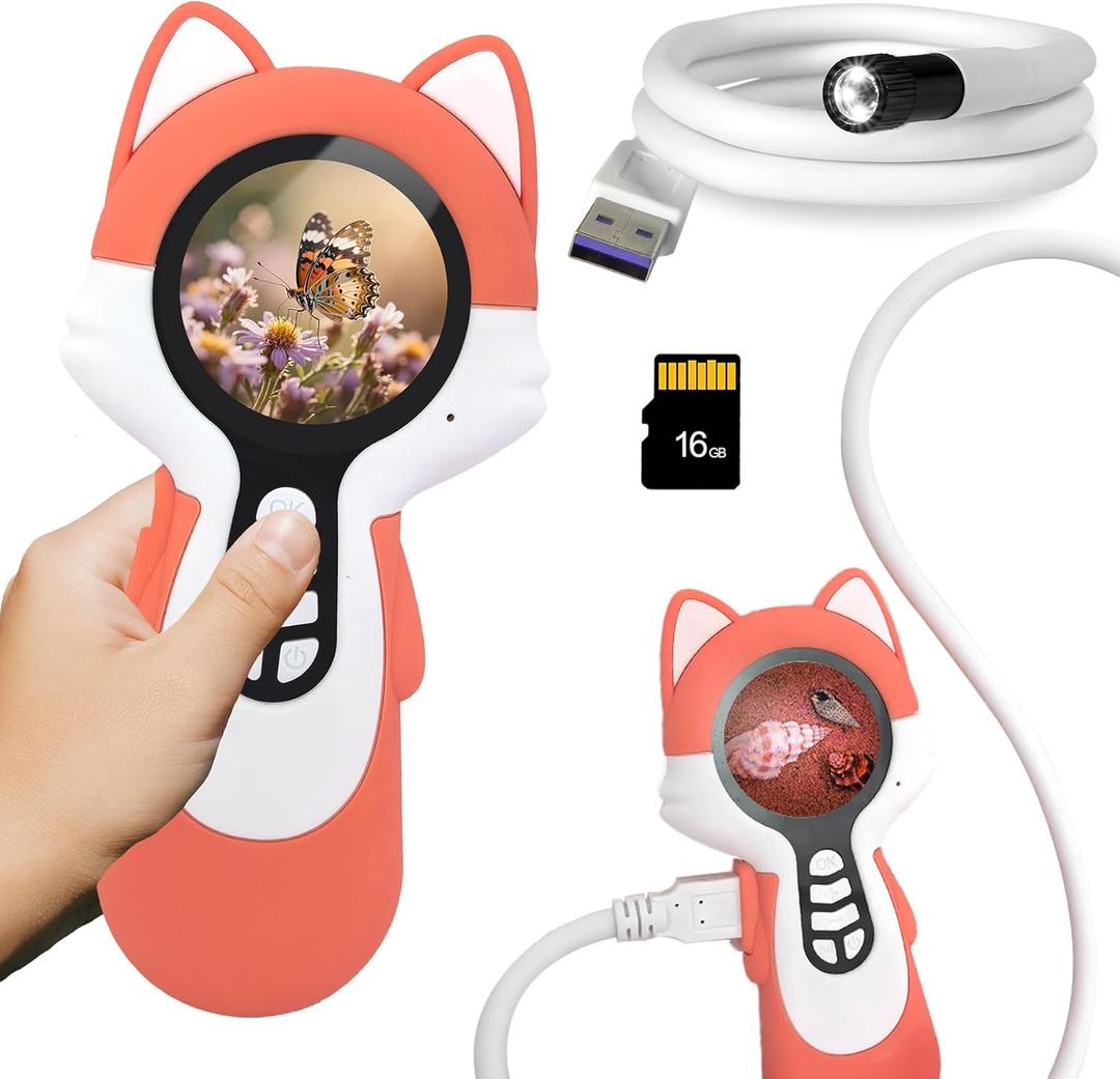 2 in 1 Digital Microscope for Kids with Endoscope, Learning Toy for Children, Ideal Gift for Kid, Christmas Stocking Stuffers for Kids, Dual-Lens, Fox