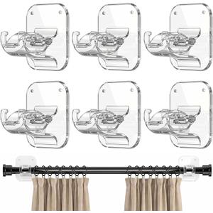 No Drill Curtain Rod Brackets - 20LB, 6 Pack Self Adhesive Curtain Rod Holder, Peel and Stick Wall Hooks, Renter Friendly Upgrades for Apartment, Kitchen, Bathroom, Dorm, Living Room and RV