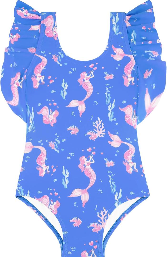 Girls One Piece Cute Swimsuit with Ruffled Straps, UPF 50+ Beach Bathing Suit for Toddler Girls, Size 3M-12Y