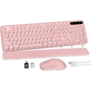 Wireless Keyboard and Mouse Combo, Round Backlit Keycaps, Retro Typewriter Keyboard with Detachable Wrist Rest, Rechargeable & Tilt Legs, 2.4GHz Cordless Connection for Windows/PC (Glowing Pink)