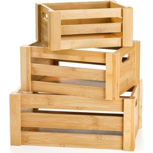 Lawei Set of 3 Bamboo Nesting Crates with Handles, Rustic Decorative Storage Container Box, Crate Box for Display, Farmhouse Bamboo Basket Bins for Fruit, Vegetable, Kitchen, Office, Bedroom, Closet