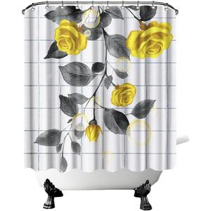 FuShvre Yellow Shower Curtains Yellow and Grey Flower Bathroom Curtain Set Rose Bathroom Decor Hooks Included 72"x72"