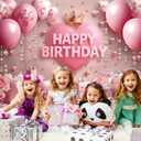 Pink Happy Birthday Backdrop Rose Gold Floral Heart Crown Balloon Elegant Photography Background Girls Princess Women Birthday Baby Shower Party Decor Banner Photo Supplies (7x5FT)
