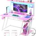 Armocity Gaming Computer Desk with Power Outlets, Gaming Desk with Hutch and LED Lights, Reversible PC Gaming Desk with Pegboard, Carbon Fiber Pink, 47"