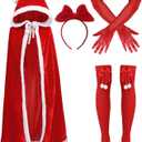 Christmas Santa Claus Robe Hooded Cloak, Red Velvet Santa Cape Set, Christmas Fur Princess Cape Women's Xmas Velvet Cloak, Christmas Solid Thigh Highs Socks Cheerleading Bow and Red Gloves for Women