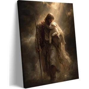Jesus and Lamb Canvas Wall Art Jesus the Good Shepherd Poster Printings Religious Christian Paintings Inspirational Bible Faith Wall Decoration for living room, Church, Prayer room Decor 16x24 Inch