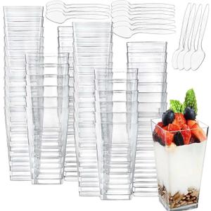 100 Pack Square Mini Dessert Cups with Spoon, 3oz Clear Shooter Cups for Party, Reusable Plastic Pudding Parfait Cups for Yogurt Jello Ice Cream