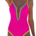 popvil Women One Piece Swimsuit Tummy Control Deep V Neck Neon Cute Bathing Suit Back Tie Swim Suits 2025 Summer, Rose Red Small