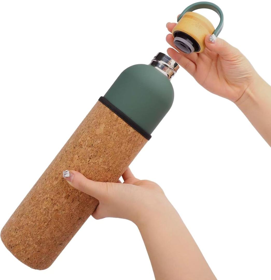 Sauna Water Bottle - 32oz/1L, Cold Water & Cool to Touch Even in Hot Saunas, Natural Cork and Neoprene Outer Layer, Double Wall Insulated Steel Bottle,Green