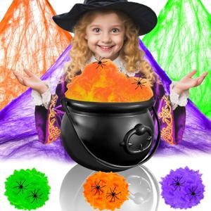 109oz Halloween Candy Cauldron Set,Portable Witch Spooky Bucket with 3pcs Spider Webs for Decoration Indoor Table Spiderweb Decor Trick or Treat Party Supplies