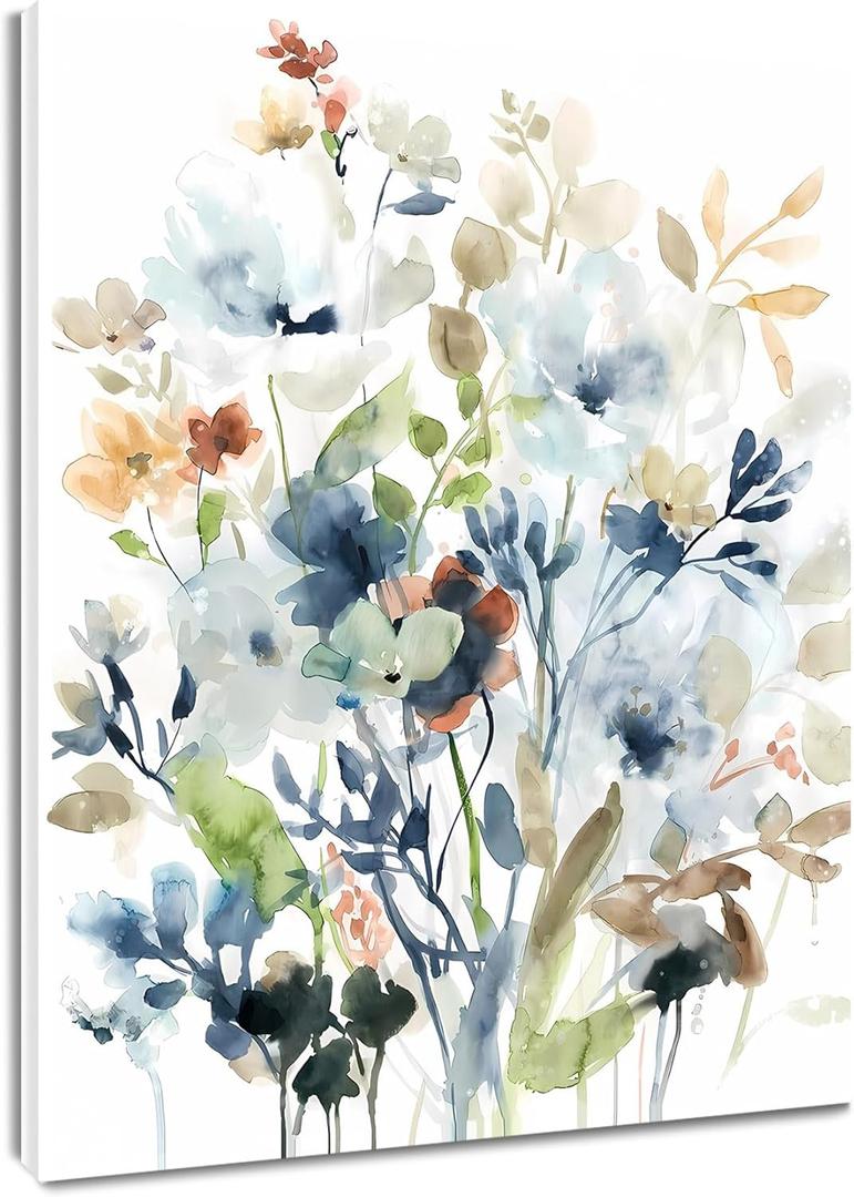 EOBTAIN Watercolor Blue Flower Wall Art Nature Plant Wildflower and Plant Leaf on White Framed Wall Art Rustic Botanical Painting Picture Artwork Bathroom Decor 16x20 Inches (20L" x 16W")
