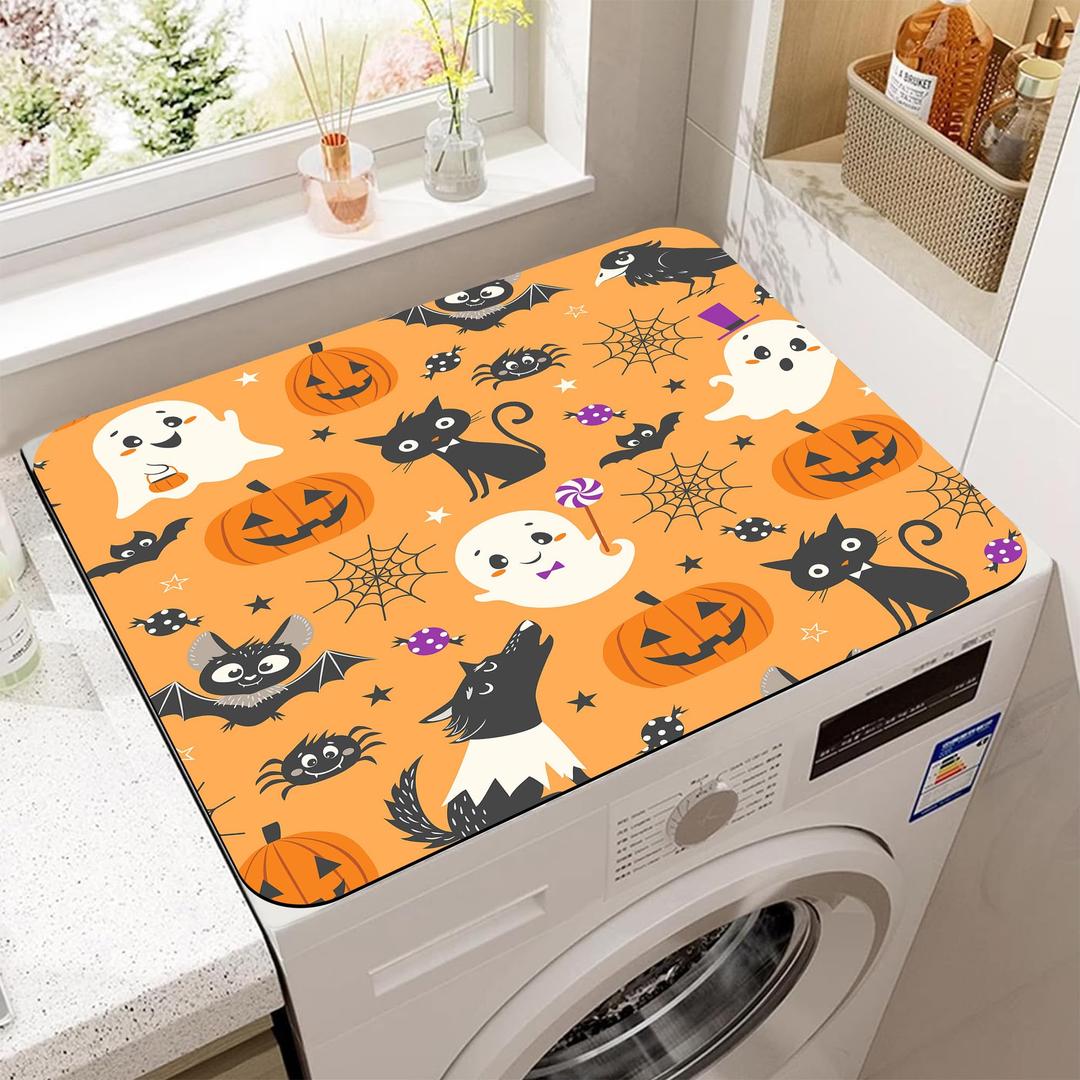 Cute Halloween Pumpkin Ghost and Bat Dryer Top Protector Mat,Dust-proof Washer and Dryer Covers For The Top,Non-slip Washing Machine Dust Cover Pad for Laundry Room Home Decor,23.6"x19.7"