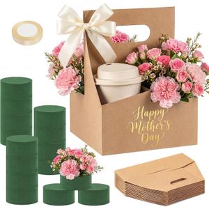 Reallnaive 18 Pack Mother's Day Gift 4 Cup Drink Carrier with Handle Floral Foam Set Kraft Coffee Carrier Holder Green Round Flower Foam Gift Cards for Teacher's Day Appreciation Party Favors