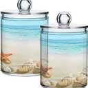 2 Pack Qtip Holder Dispenser Summer Beach Starfish Seashell Storage Canister Bathroom Acrylic Plastic Apothecary Jars Vanity Organizer Lid for Cotton Swab/Ball/Pad/Floss