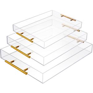 3 Pack Clear Acrylic Serving Tray with Gold Handles Serving Tray Spill Proof Acrylic Bathroom Decorative Tray Organizer for Coffee Table Countertop Appetizer Breakfast Vanity