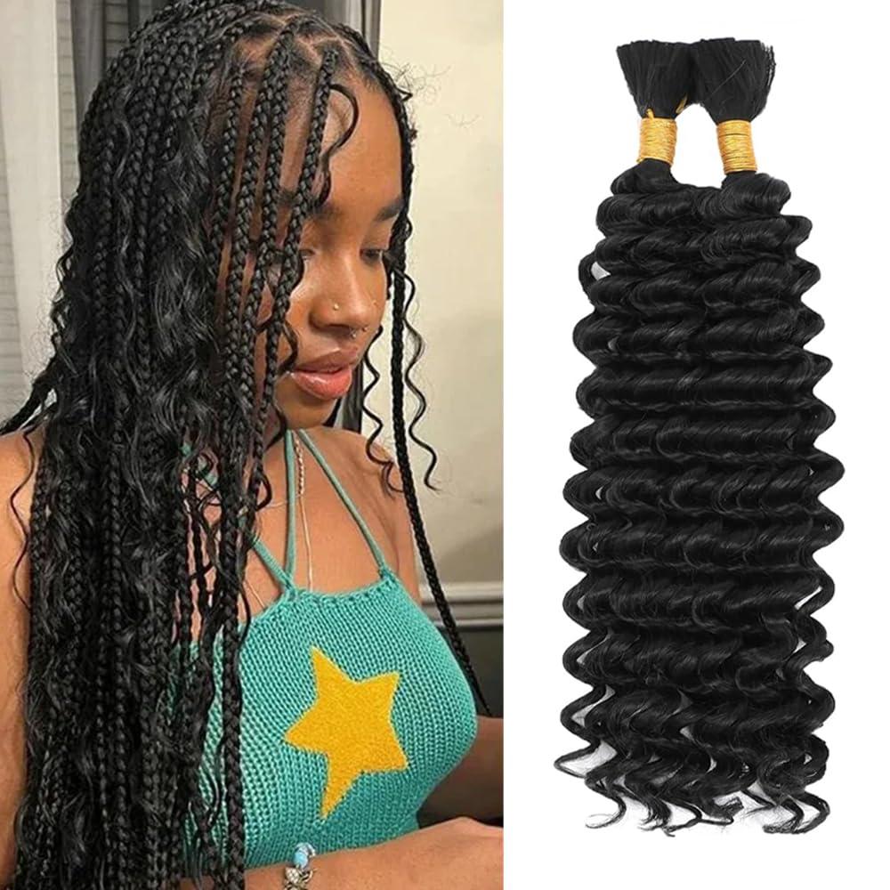Human Braiding Hair for Boho Braids Deep Wave Bulk Bohemian 2 Bundles/Pack 18 18 Inch 12A Wet and Wavy Curly Human Hair Extensions Natural Black Color