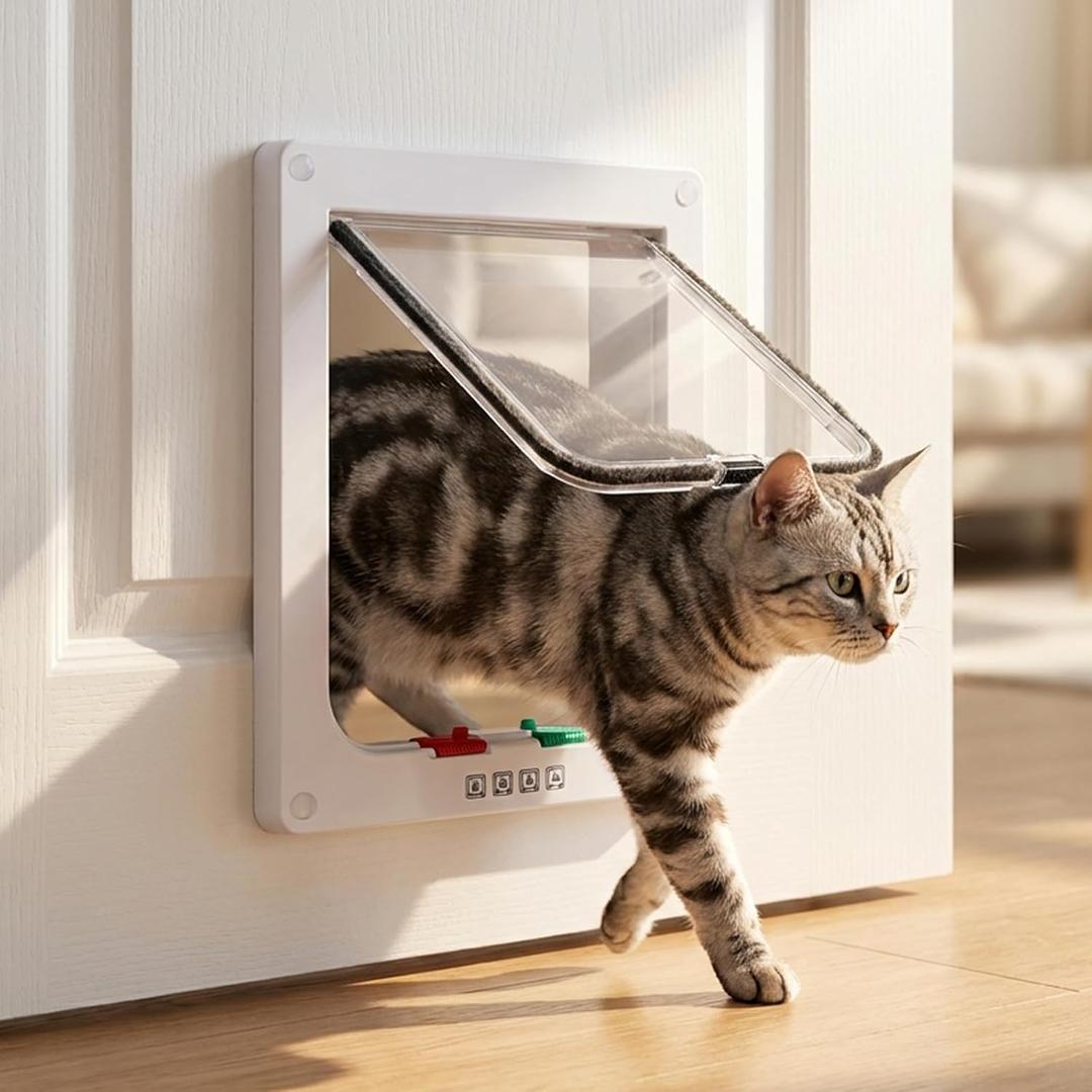 Cat Door for Interior & Exterior Doors, Lockable Pet Door with Door Flap, 7.9 x 7.5 Inch Indoor Door Kit for Cats and Small Pets, Weatherproof Door with Frame