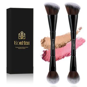 3 x Blush Brush, Dual-Ended Foundation Makeup Brush for Contouring, Blending, and Bronzing(Angled & Round), Angled Contoured for Flawless Face Foundation, Vegan & Cruelty-Free