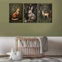 3Pcs Forest Animal Canvas Wall Art Fox Rabbit Deer Painting Pictures Wall Decor Wildlife Animal Posters Prints Dark Gothic Botanical Floral Artwork for Office Bedroom Home Decoration 16x24in