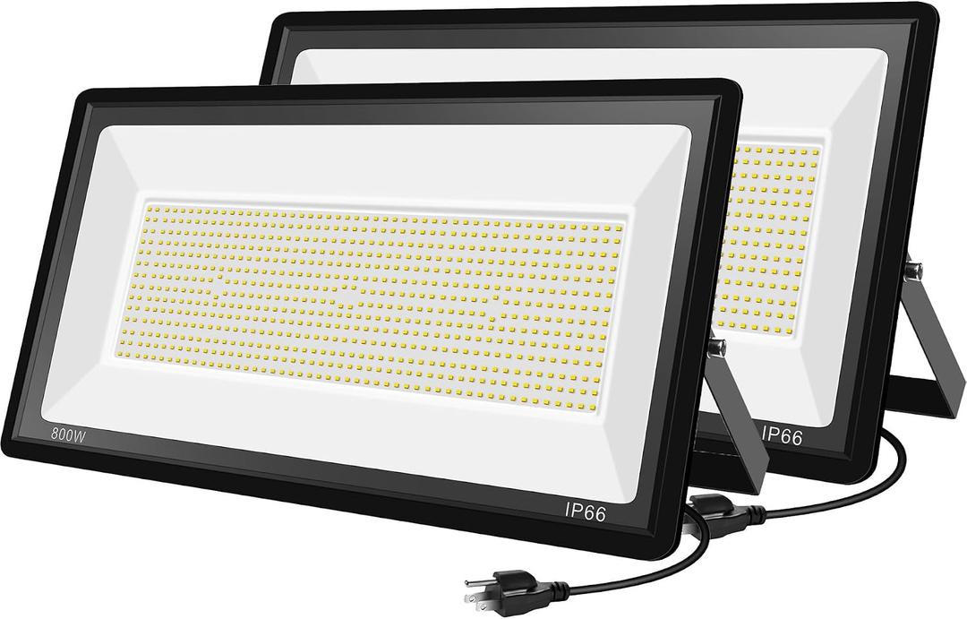 800W Warm White Flood Lights, Outdoor LED Security Floodlights with Plug, 3000K 80000LM Suer Bright, Commercial Arena Lighting for Court Backyard Stadium Fields 2 Pack