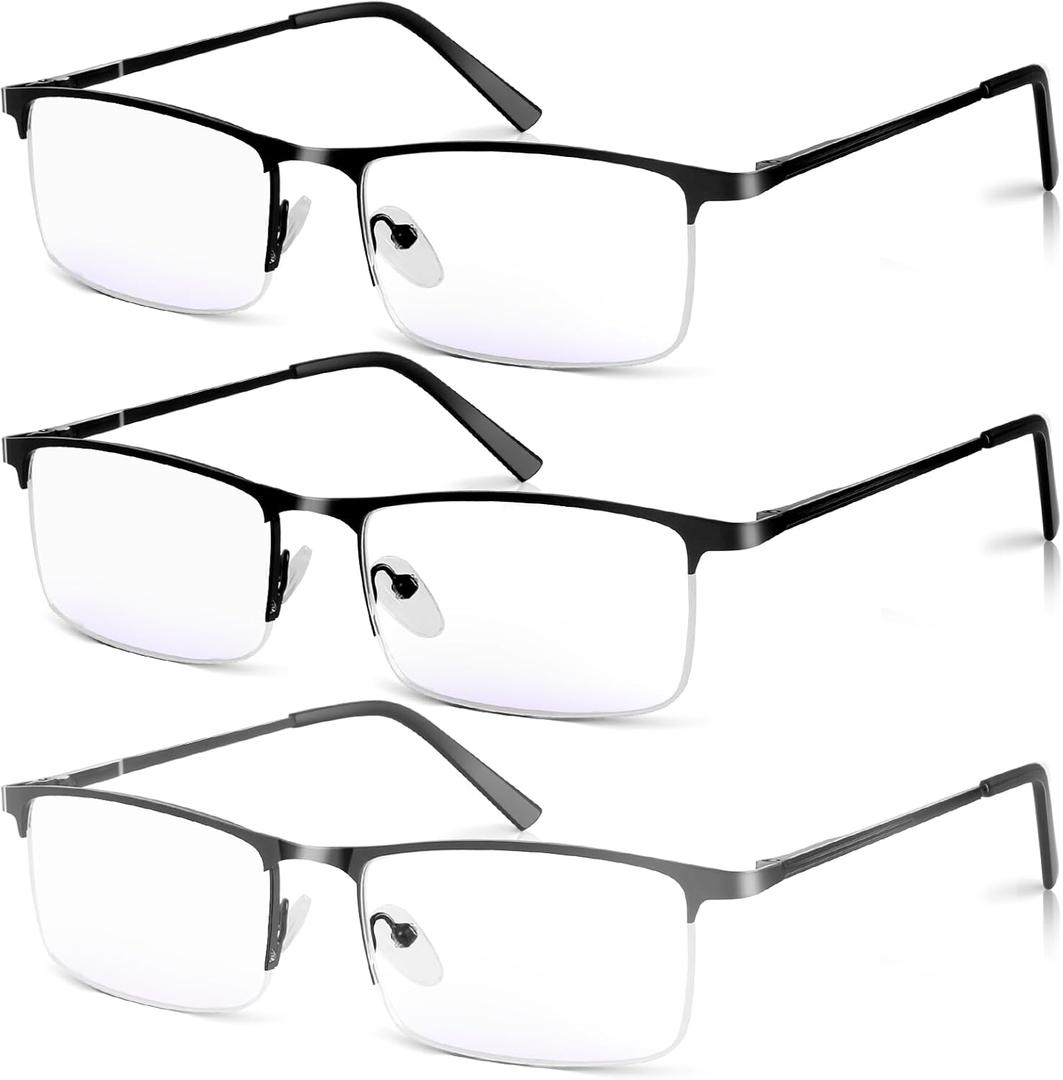 3 Pack Blue Light Blocking Reading Glasses for Men, Stylish Half Frame Metal Computer Readers, Lightweight Spring Hinge Eyeglasses Anti Eyestrain/Glare/UV (2PCS Black+1PCS Gray,+1.25)