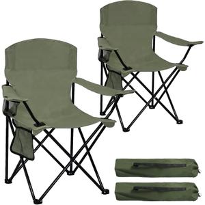 2 Pack Folding Camping Chair with Cup Holder & Side Storage Bag 300lbs Capacity Lightweight High Back Portable for Beach, Picnic, Sport, Green