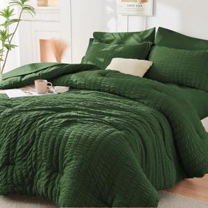 HYMOKEGE Dark Green Full Size Comforter Sets Seersucker 7 Pieces, All Season Luxury Bed in a Bag for Bedroom, Bedding Set with Comforters, Sheets, Pillowcases & Shams (Full(82"x86"))