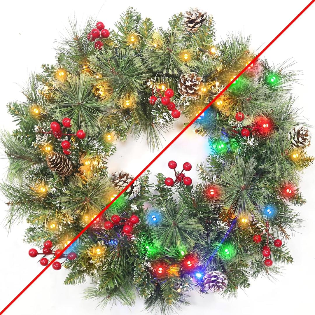 Christmas Wreaths for Front Door, 20 Inch Lighted Christmas Wreaths with Timer 8 Modes 30 Warm White&Multicolored Dual Color Lights 8 Snowy Pinecones 40 Red Berries for Indoor Outdoor Wall Home Decor