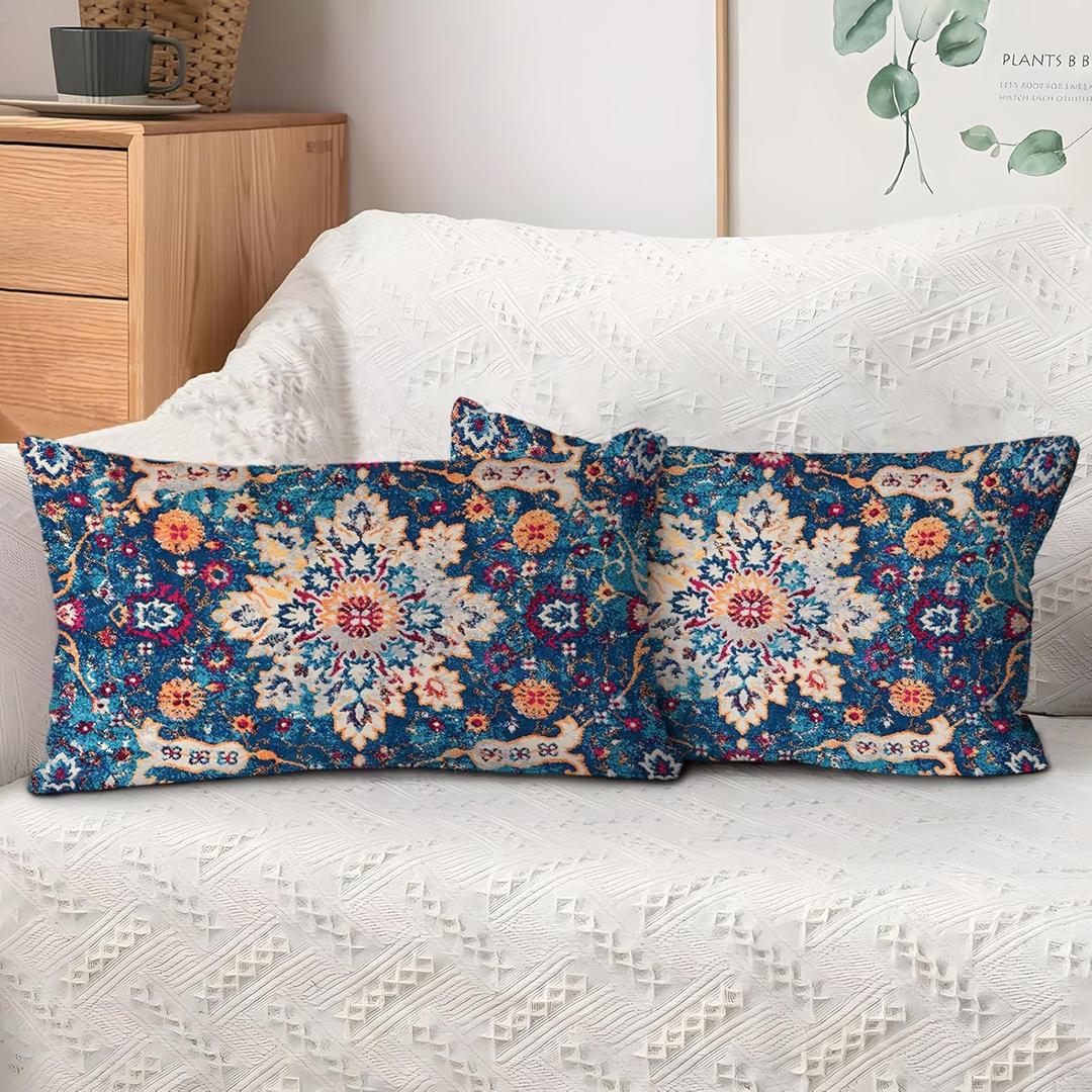 Boho Throw Pillow Covers 12x20 inch Set of 2,Boho Vintage Carpet Pattern Antique Ethnic Decor Double Sided Pattern Cushion Cover Soft Pillow Case Living Sofa Room Bed Square Pillow Cover