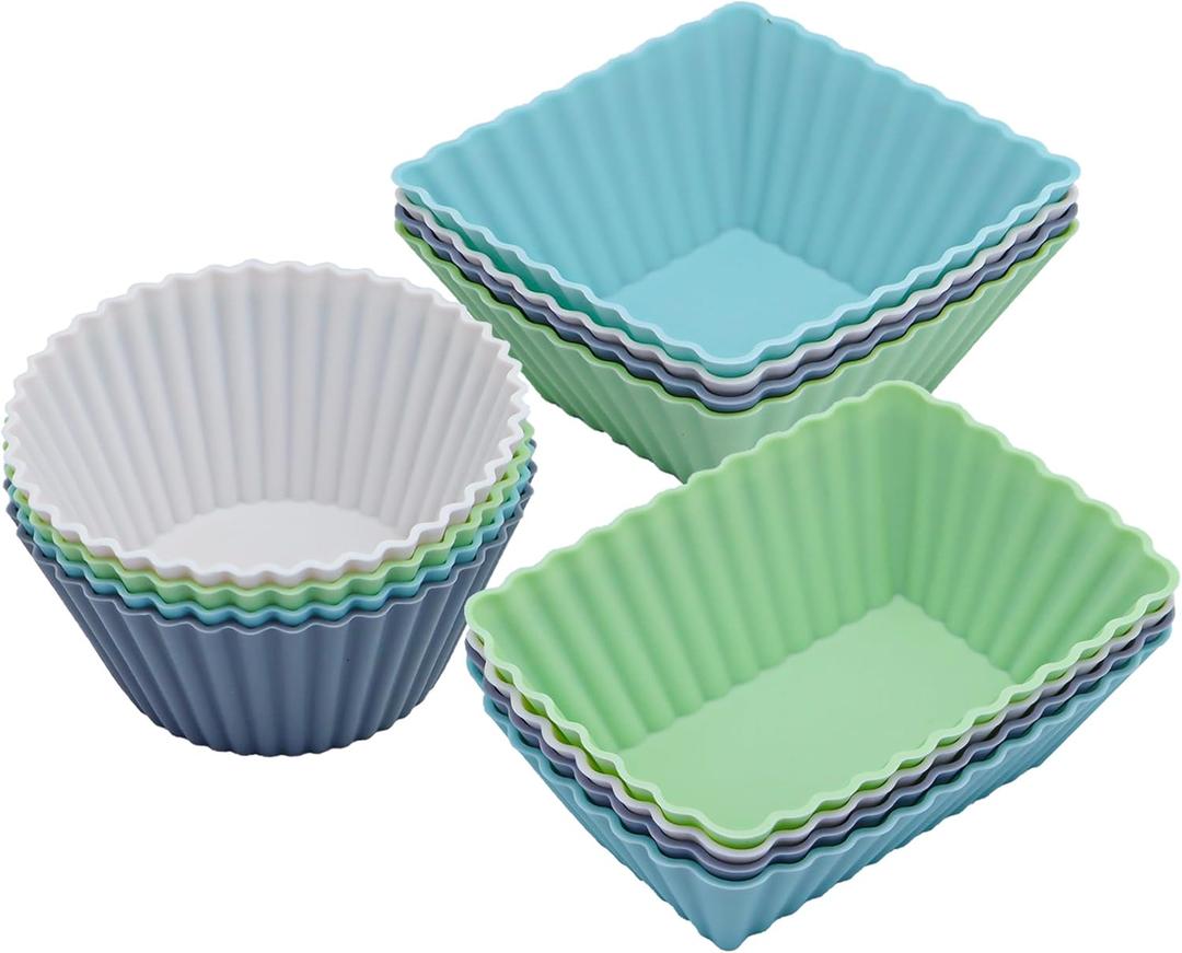 12-Pack Silicone Cupcake Liners, Reusable Muffin Cups Round, Square & Rectangle Baking Cups, Non-Stick, Easy to Clean, Bento Box Accessories, Lunch Box Dividers for Kids