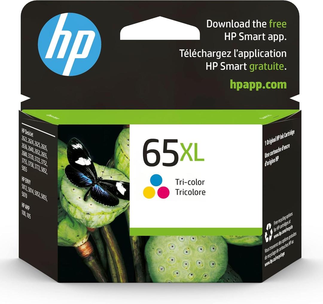 HP 65XL Tri-Color High-Yield Ink Cartridge | Works with AMP 100, DeskJet 2600, 3700; Envy 5000 | Eligible for Instant Ink | N9K03AN