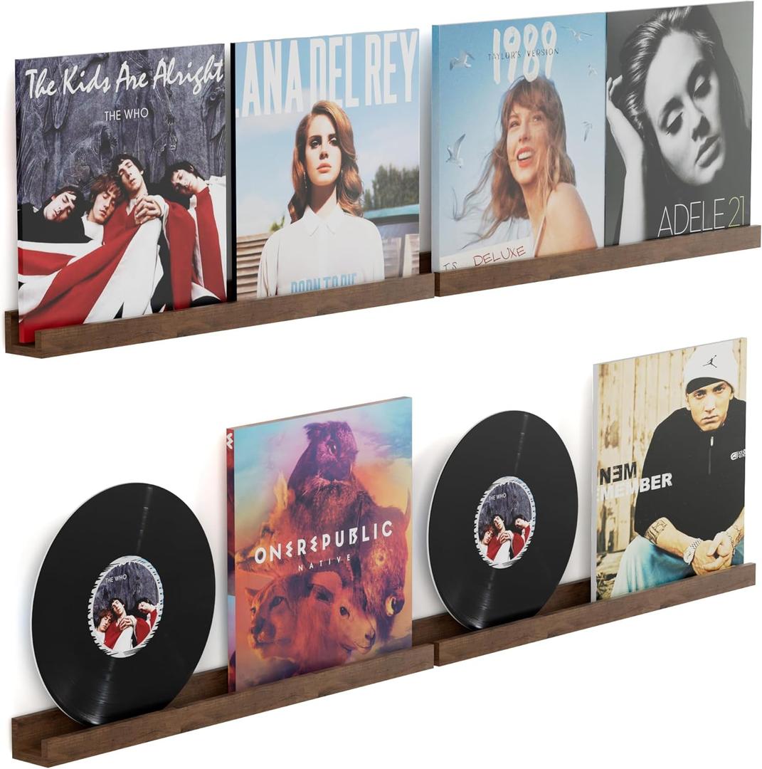 Vinyl Record Shelf Wall Mount 24 inch, Pack of 4 Album Record Holder Display, Wood Floating Shelves for Wall Decor, Album Shelves, Kids Bookshelf, Magazine Rack, Walnut