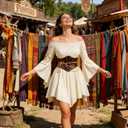 Renaissance Costume Women Pirate outfit Ren Faire Dress Off Shoulder Bell Sleeve Arm chain Waist Belt waist chain, Size Small