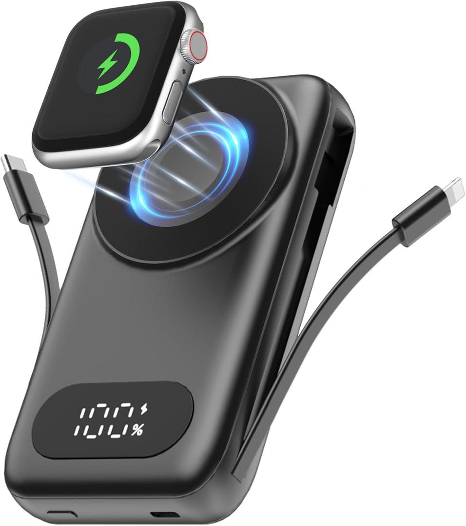 SHENMZ Magnetic Portable Charger 26800mAh for iPhone 17/16/15/14/13/12 with Built-in Cables， iWatch Charger，Wireless Power Bank for Apple Watch and for airpods,Galaxy, Android Phones(Black)