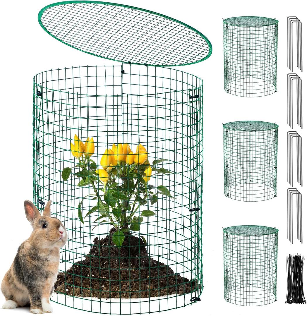 4 Pack Garden Plant Protectors from Animals with Stakes, Metal Mesh and Detachable Covers Wire Plant Cage for Keeping Bunny Animals Out, Chicken Wire Cover Garden Protect (15.7 * 13 in)