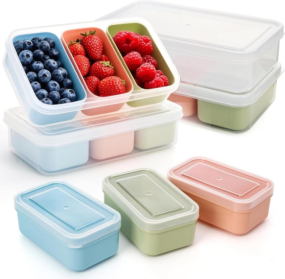 4 Set Snack Containers with 3 Compartments, Small Reusable Bento Box Lunch Container with Lids, Mini Removable Divided Meal Prep Box for Work Travel in Compact Size, Microwave Safe