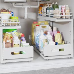 2 Pack 18 IN Depth Under Sink Organizer with Smooth Ball Bearing Slides,2-Tier Pull Out Cabinet Storage, Slide Out Drawers for Bathroom & Kitchen, Rust-resistant Coating, Height Adjustable-White