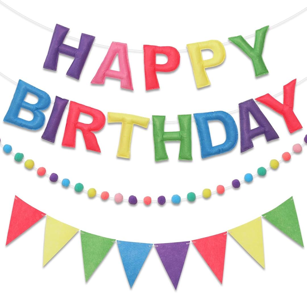 Pre-Strung Happy Birthday Banner & Felt Garland Set - Pastel Birthday Decorations for Women Girls | Reusable Party Supplies for Indoor & Outdoor