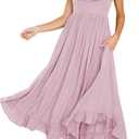 R.Vivimos Summer Dress for Women Sleeveless Boho Ruffle Square Neck Tie Back Casual Backless Flowy Midi Dress (Lightpink)