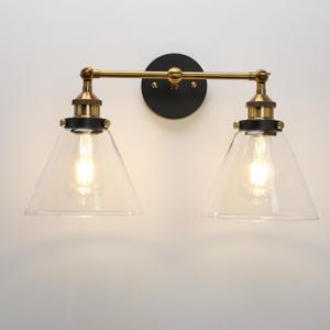 PERMO Industrial 2-Lights Wall Sconces with Dual Funnel Clear Glass Shade Double Sconce Antique Wall Sconce for Mirror Hallway Bedroom, Hardwired, E26 Base