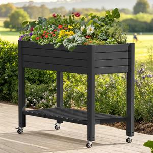DWVO Raised Garden Bed Kit, 3.6 x 1.5 x 2.8 FT Outdoor Plastic Planter Box with Wheels and Legs, Garden Box with Drain Plug & Storage Shelf for Planting Vegetables, Flowers, and Herbs, Black