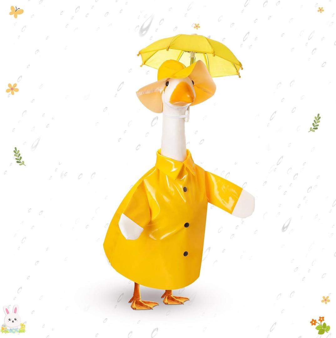 Spring Baby Goose Outfit Raincoat and Umbrella for 17'' Lawn Porch Baby Goose Costume Plastic Raincoat Clothes for Spring Outdoor Patio Yard Lawn Decoration (Yellow)