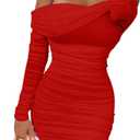 GOKATOSAU Women's Sexy Elegant Ruffle Long Sleeve Off Shoulder Ruched Party Mini Dress (Red, M)