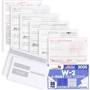 50 W2 Forms 2025 with Envelopes, 6 Part W2 Tax Forms for 50 Employees IRS Compatible Laser Forms with 3 W3s, Works with Quick Books in Other Software - Includes 50 Self-Seal Envelopes